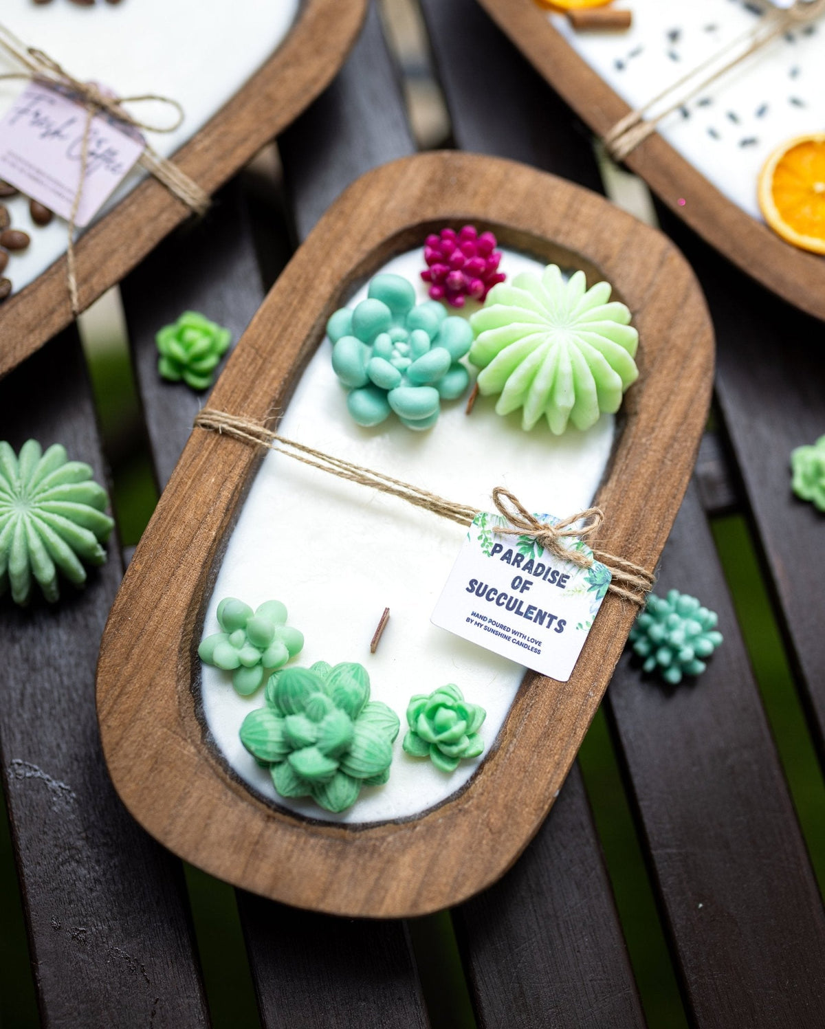 Large Succulent Dough Bowl Candle - Rustic Farmhouse Decor & Wood Wick Soy Candle — product photo 3