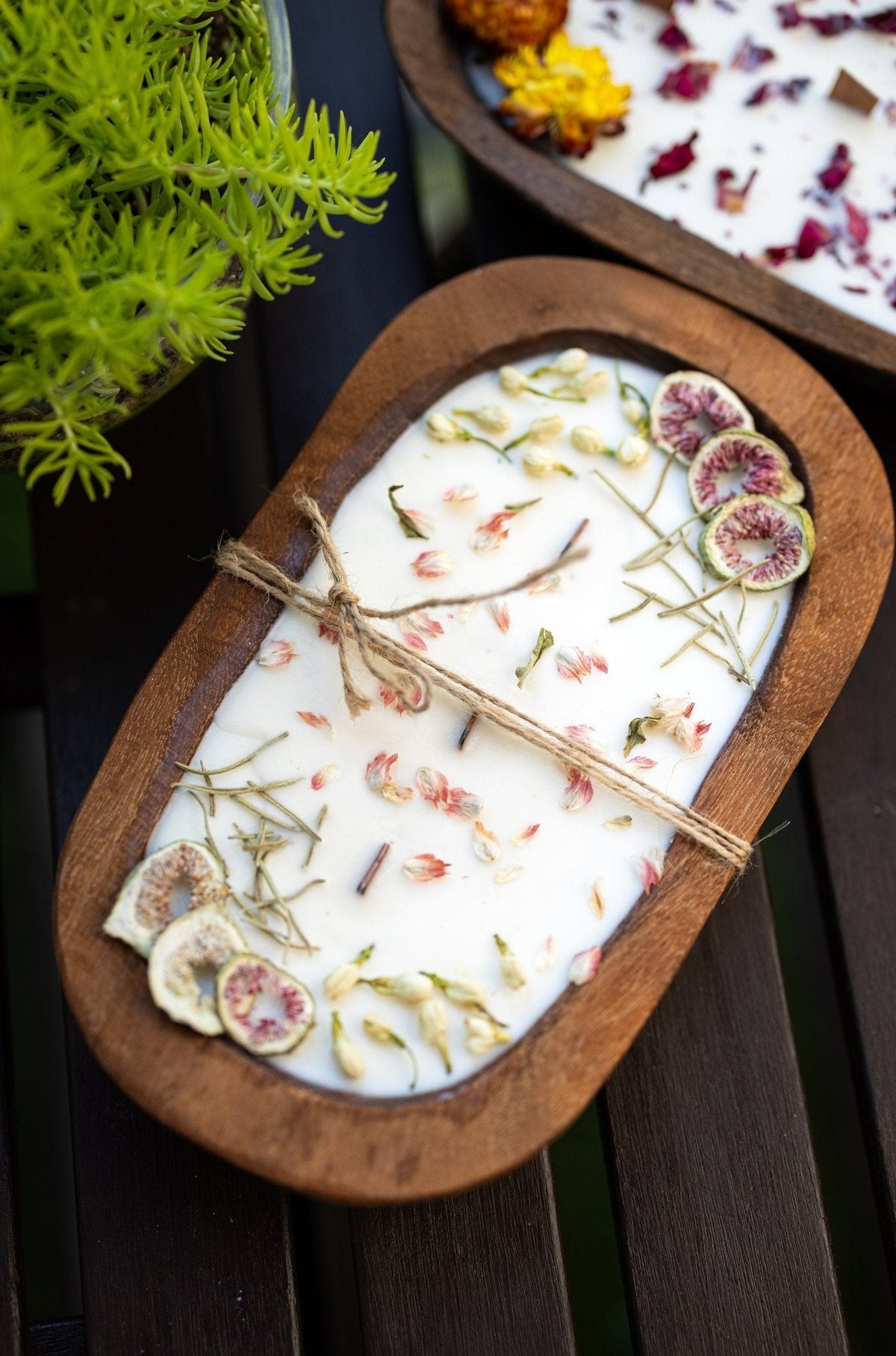 Fruit & Flowers Wood Dough Bowl Candle | Farmhouse Decor | 3 Wood Wick Candle | Gift for Her — product photo 1