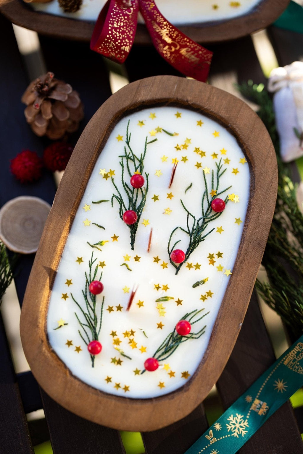 Festive Holiday Wood Dough Bowl Candle — product photo 1