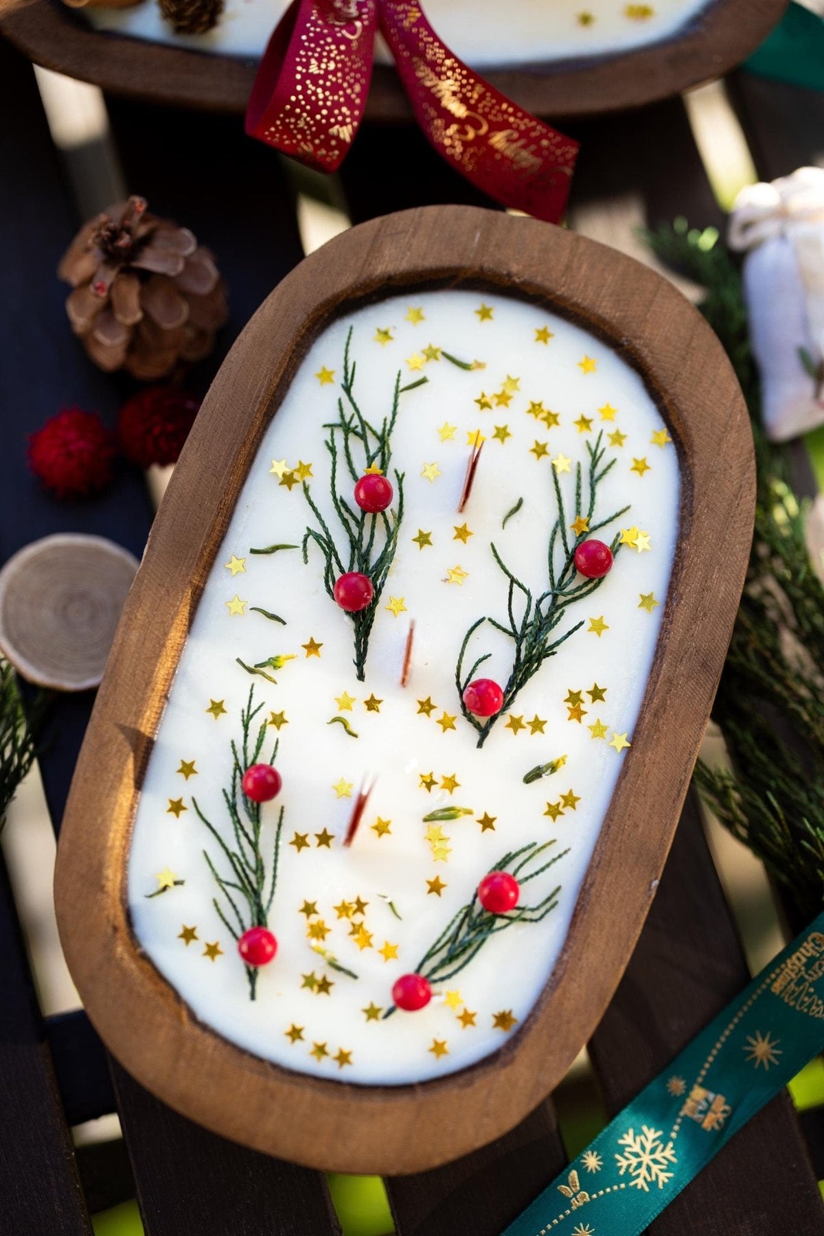 Festive Holiday Wood Dough Bowl Candle — product photo 1