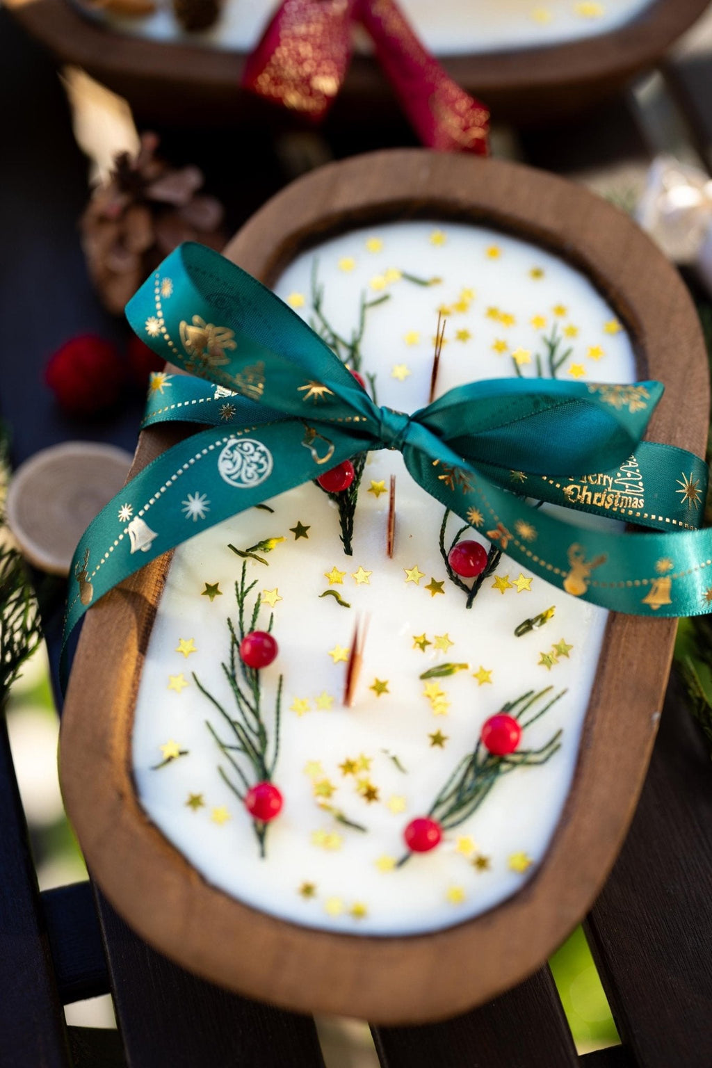 Festive Holiday Wood Dough Bowl Candle — product photo 3