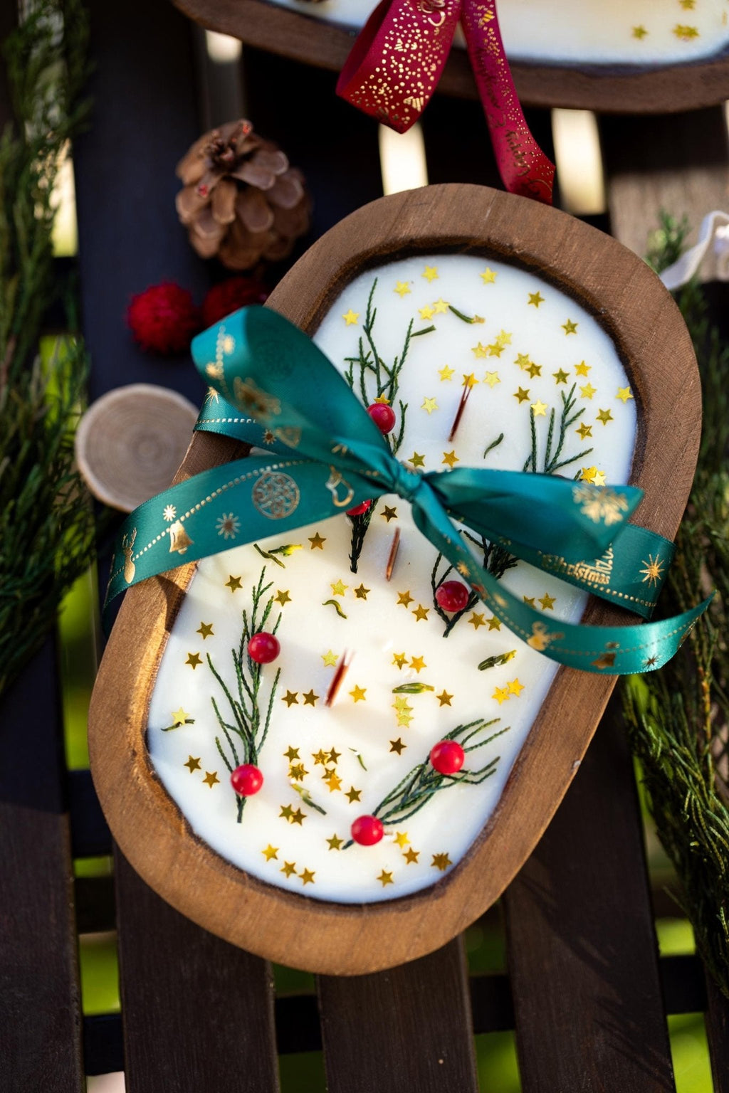 Festive Holiday Wood Dough Bowl Candle — product photo 4