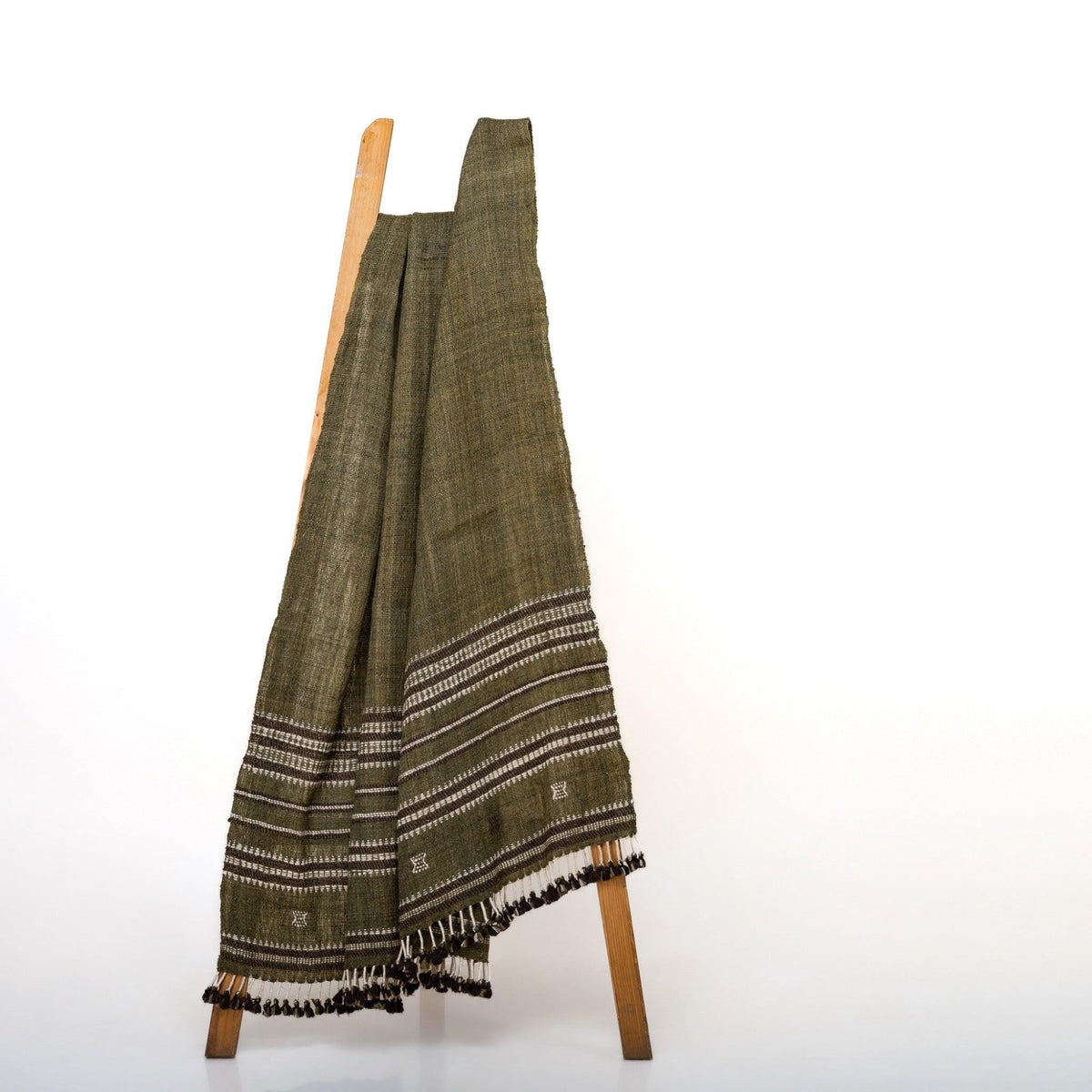 Olive Green Striped Indian Wool Throw Blanket, Handwoven Sofa Coverlet with Bed Accent - GARNET