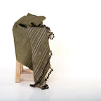 Olive Green Striped Indian Wool Throw Blanket, Handwoven Sofa Coverlet with Bed Accent - GARNET