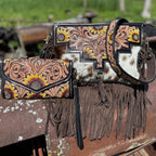 Genuine Western Cowhide Leather Purse and Clutch with Dark Sunflower painted details a Double B Wild Rags Exclusive — product image