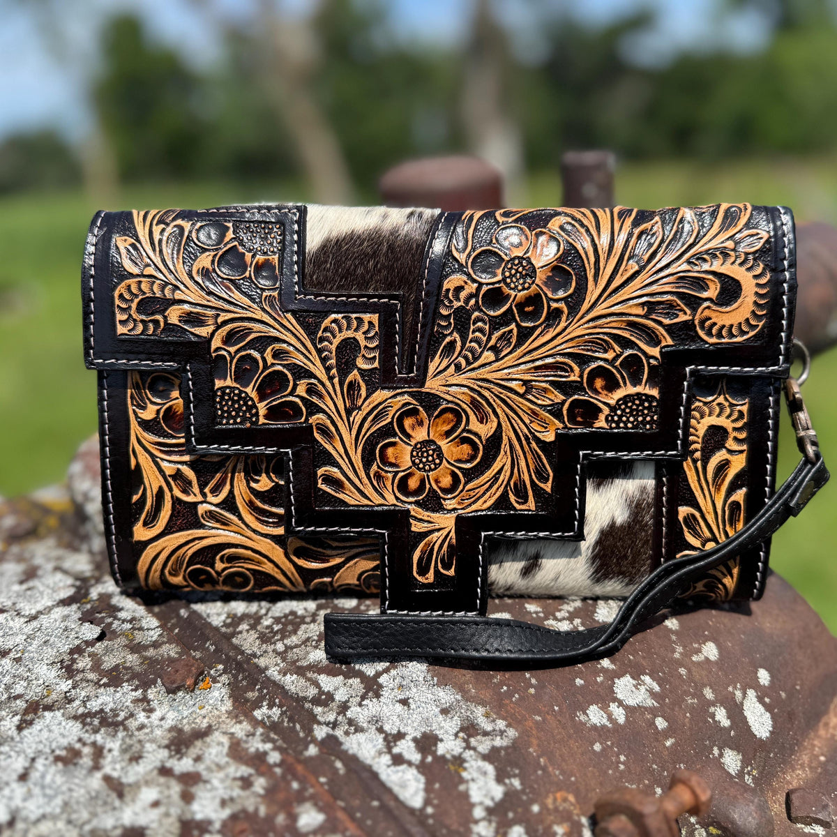 Genuine Western Cowhide Leather Purse or Clutch with cowhide and tooled details a Double B Wild Rags Exclusive