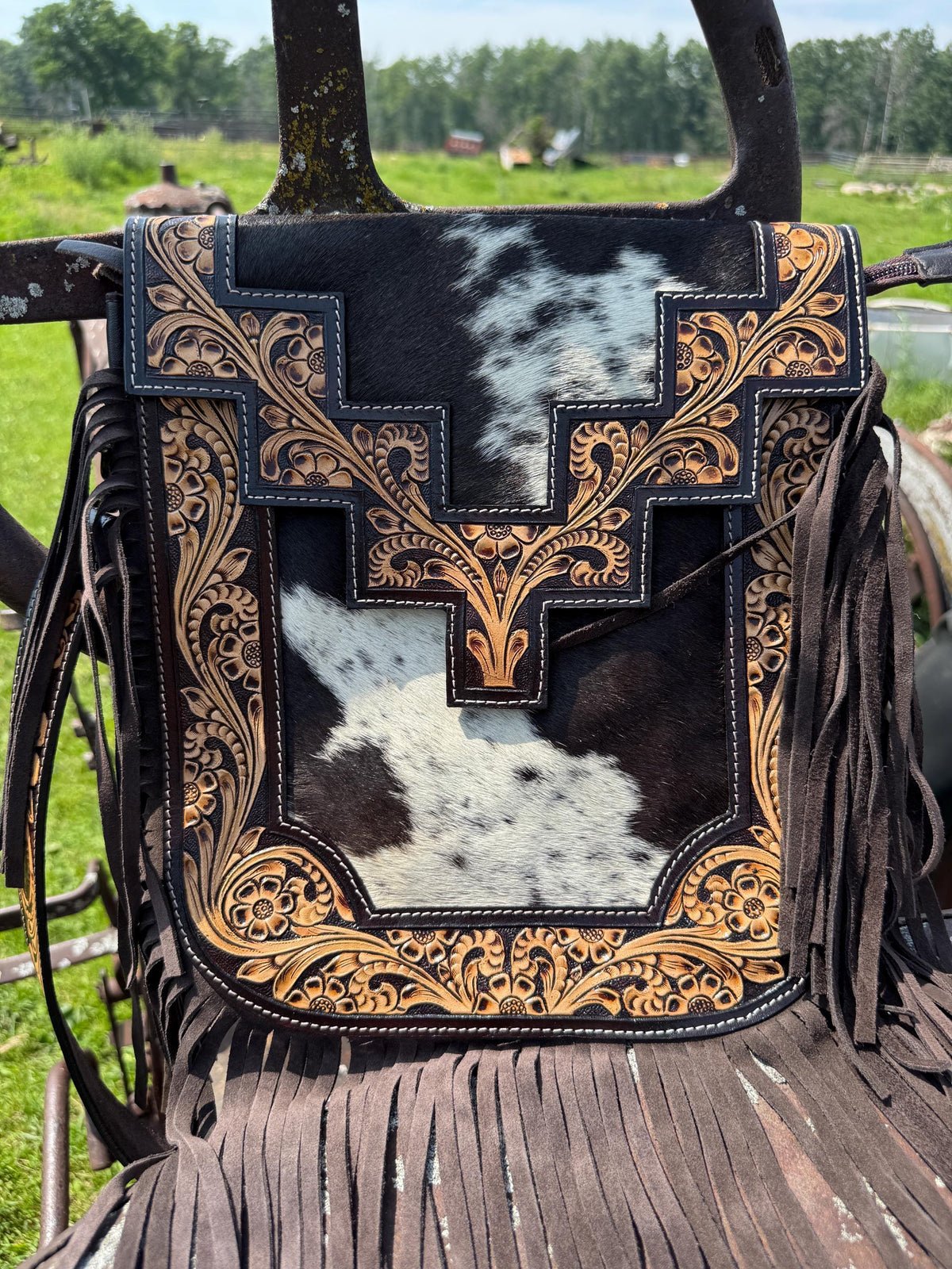 Genuine Western Cowhide Leather Purse or Clutch with cowhide and tooled details a Double B Wild Rags Exclusive