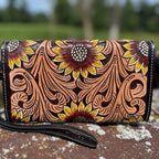 Genuine Western Cowhide Leather Purse and Clutch with Dark Sunflower painted details a Double B Wild Rags Exclusive