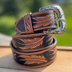 Genuine Leather Western Belt with tooled Black Feather Details by Double B Wild Rags — product image
