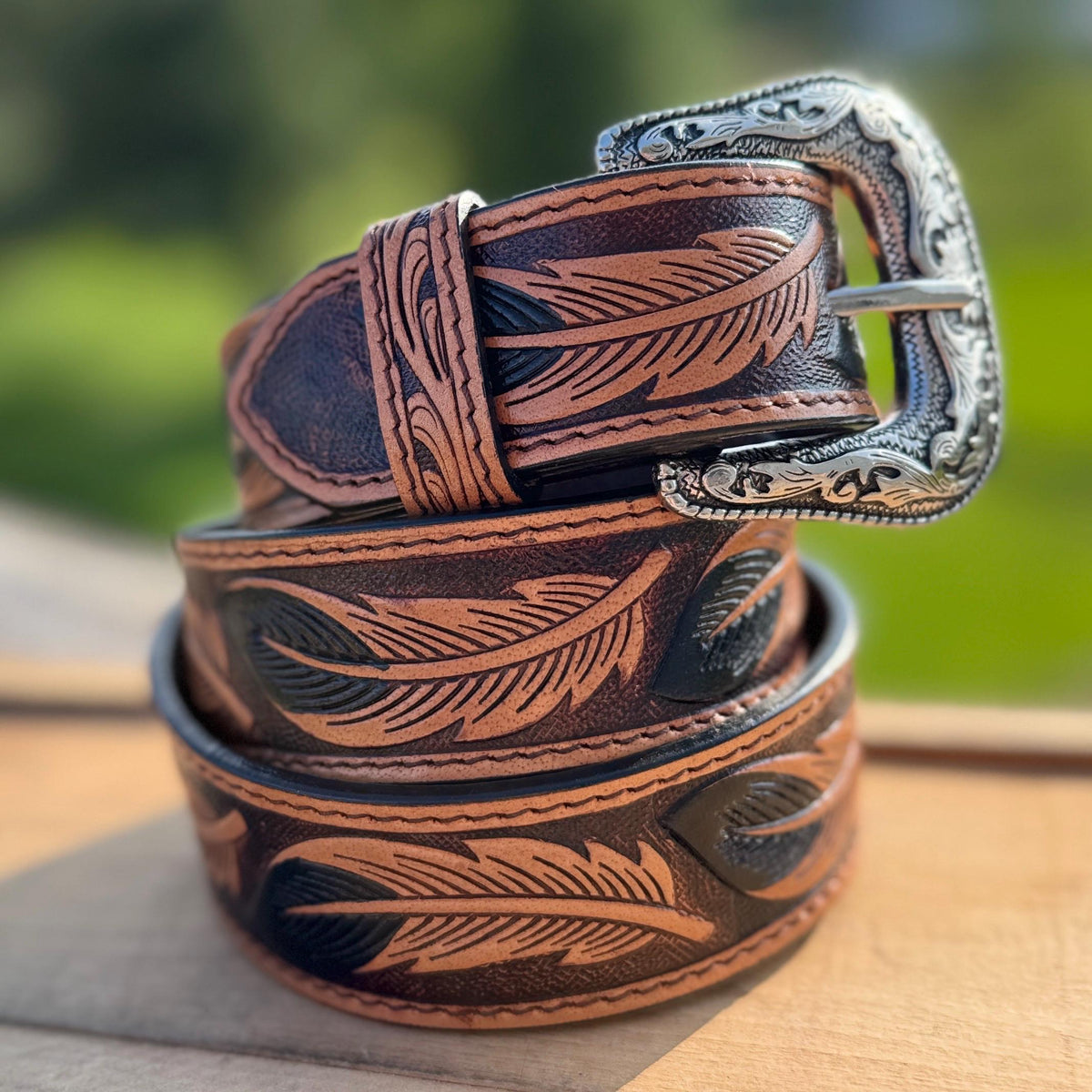 Genuine Leather Western Belt with tooled Black Feather Details by Double B Wild Rags — product image