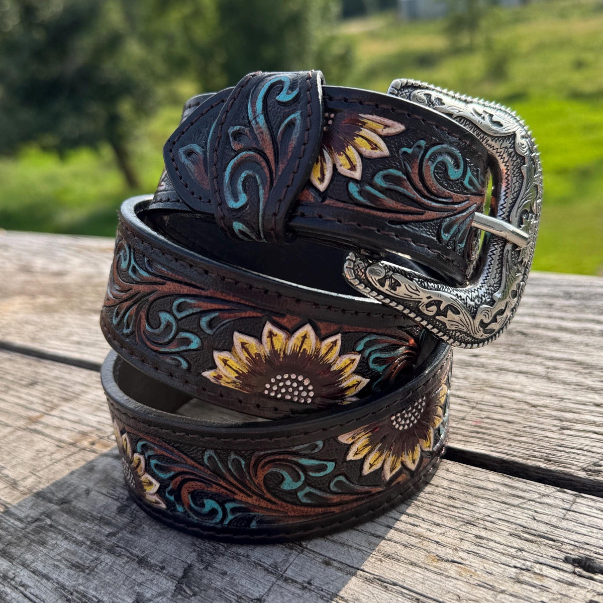 Genuine Leather Western Belt with dark tooled sunflowers and turquoise by Double B Wild Rags — product image