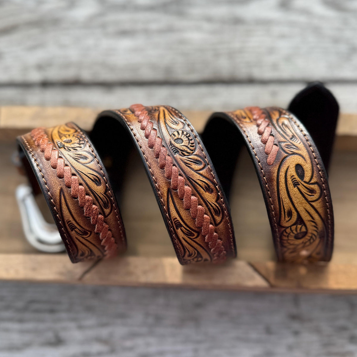 Genuine Leather Mens Western Belt with tooled details