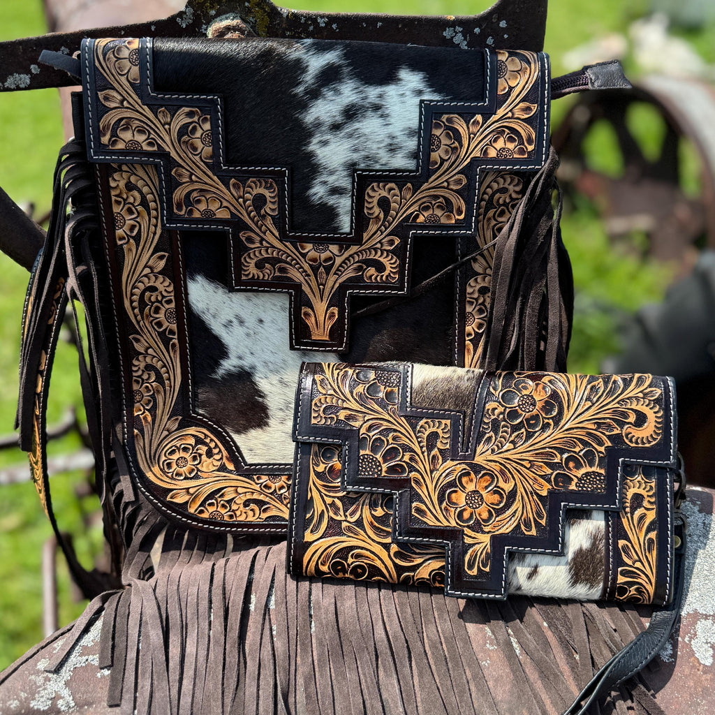 Genuine Western Cowhide Leather Purse or Clutch with cowhide and tooled details a Double B Wild Rags Exclusive