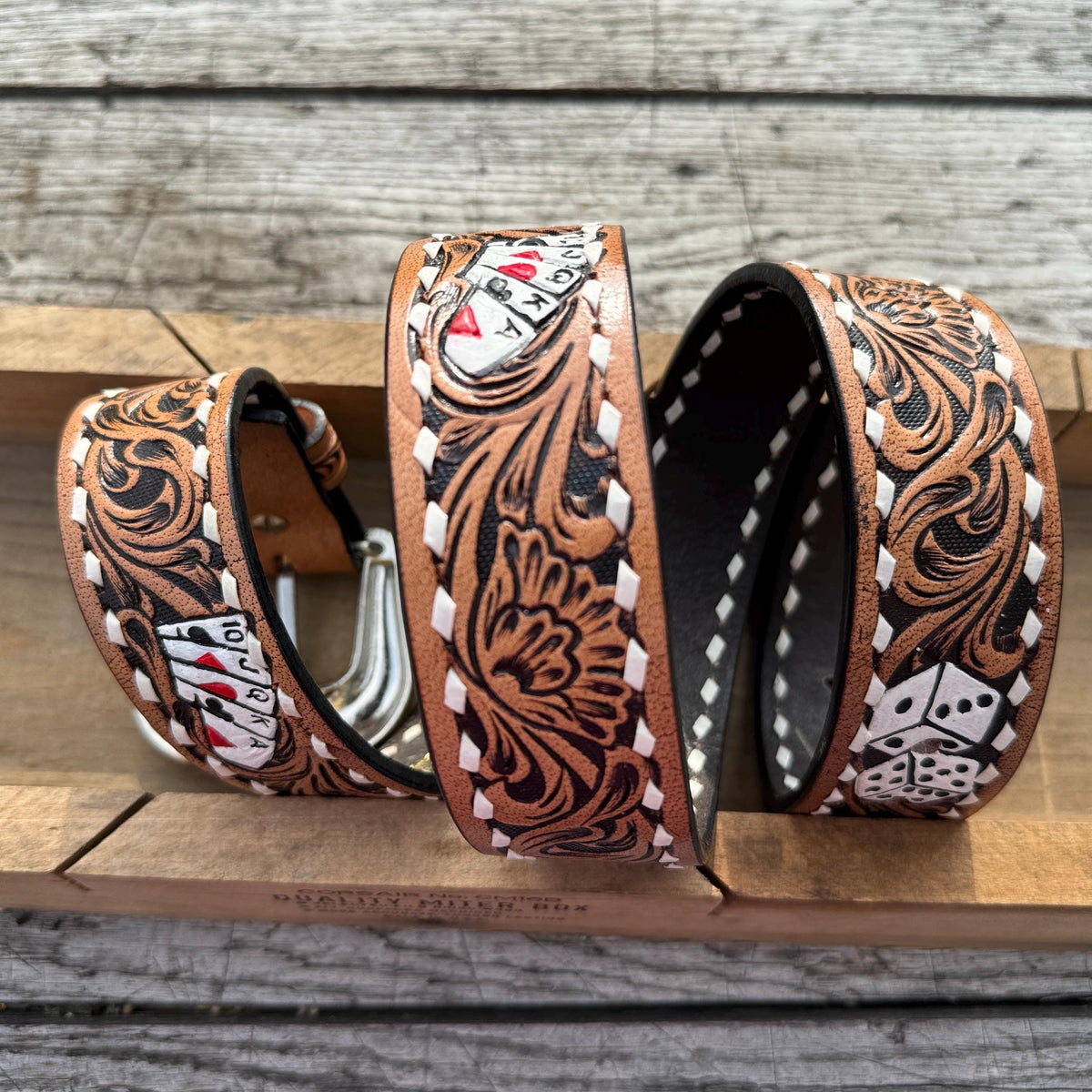 Genuine Leather Western Belt with tooled cards and dice by Double B Wild Rags