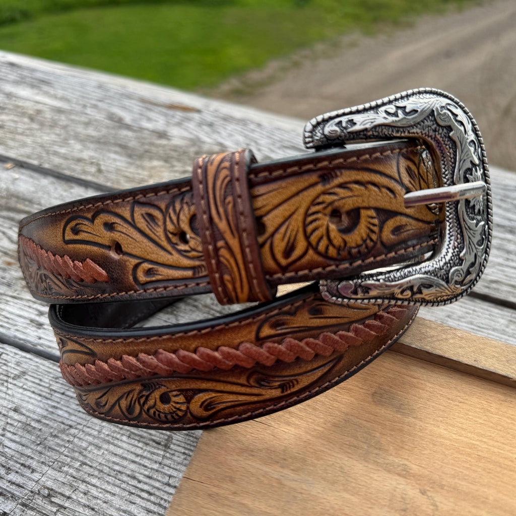 Genuine Leather Mens Western Belt with tooled details — product image