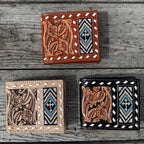 Handmade Tooled Leather Western Wallet, Seed Bead Buckstitch Bi-Fold