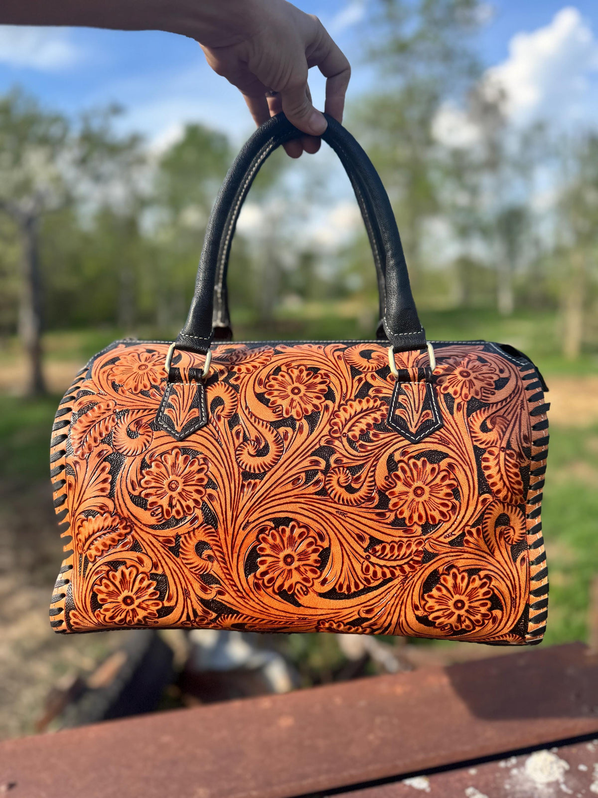 Western Nights Black Speedy Genuine Leather Barrel Bag Purse by Double B — product image