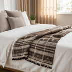 Warm Brown Indian Wool Throw Blanket, Handwoven Sofa Coverlet with Lodge Bedroom Layer - BRONZITE
