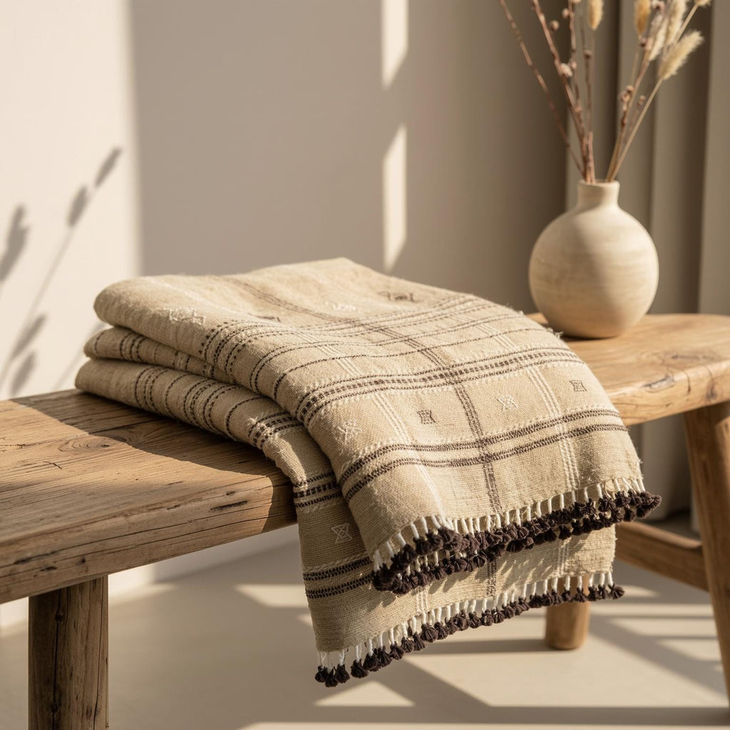Tan Plaid Indian Wool Throw Blanket, Handwoven Couch Coverlet with Farmhouse Bed Accent - TANISHQ — product image