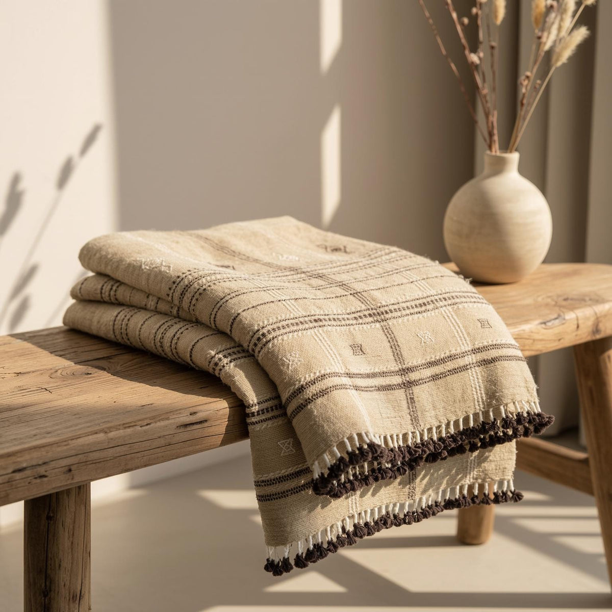 Tan Plaid Indian Wool Throw Blanket, Handwoven Couch Coverlet with Farmhouse Bed Accent - TANISHQ — product image