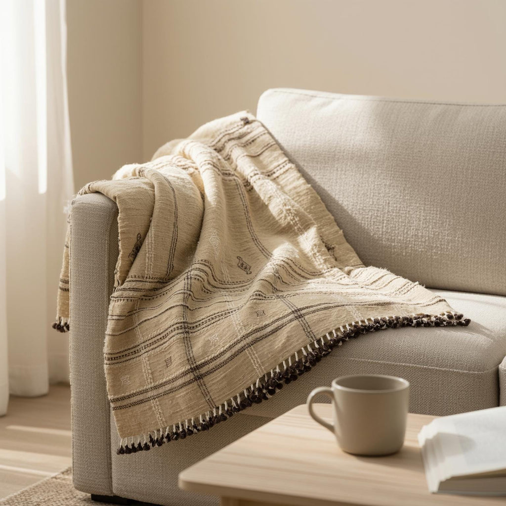 Tan Plaid Indian Wool Throw Blanket, Handwoven Couch Coverlet with Farmhouse Bed Accent - TANISHQ