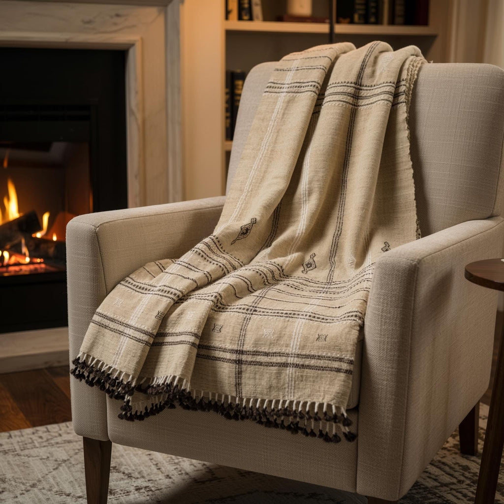 Tan Plaid Indian Wool Throw Blanket, Handwoven Couch Coverlet with Farmhouse Bed Accent - TANISHQ
