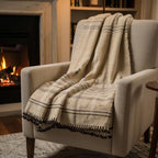 Tan Plaid Indian Wool Throw Blanket, Handwoven Couch Coverlet with Farmhouse Bed Accent - TANISHQ