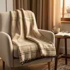 Tan Plaid Indian Wool Throw Blanket, Handwoven Couch Coverlet with Farmhouse Bed Accent - TANISHQ