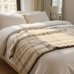 Tan Plaid Indian Wool Throw Blanket, Handwoven Couch Coverlet with Farmhouse Bed Accent - TANISHQ