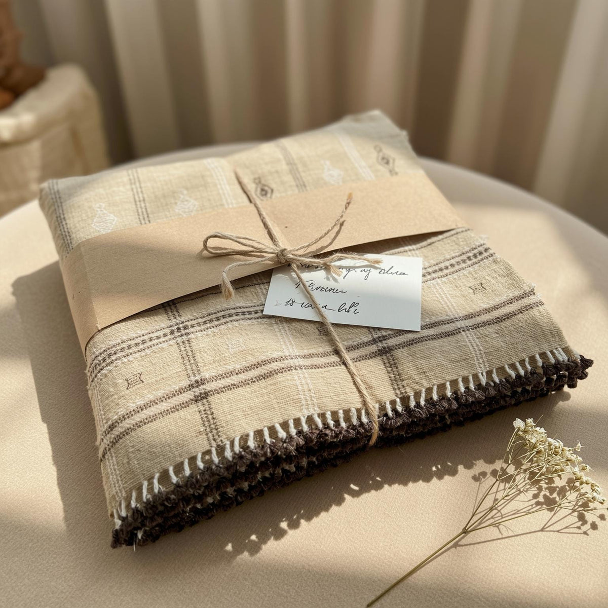Tan Plaid Indian Wool Throw Blanket, Handwoven Couch Coverlet with Farmhouse Bed Accent - TANISHQ