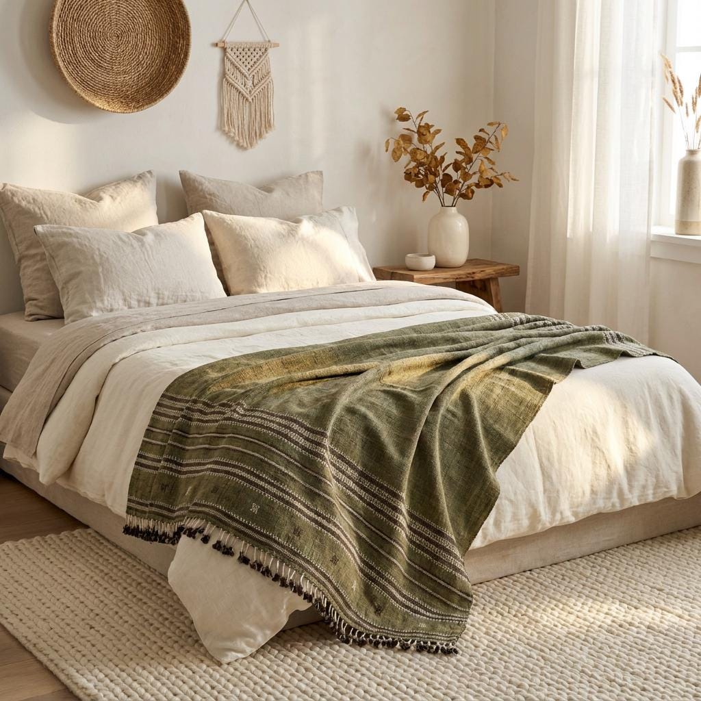Olive Green Striped Indian Wool Throw Blanket, Handwoven Sofa Coverlet with Bed Accent - GARNET