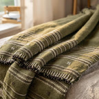 Olive Green Striped Indian Wool Throw Blanket, Handwoven Sofa Coverlet with Bed Accent - GARNET