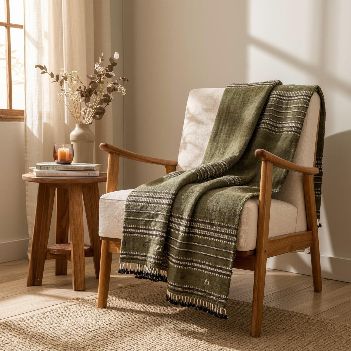 Olive Green Striped Indian Wool Throw Blanket, Handwoven Sofa Coverlet with Bed Accent - GARNET