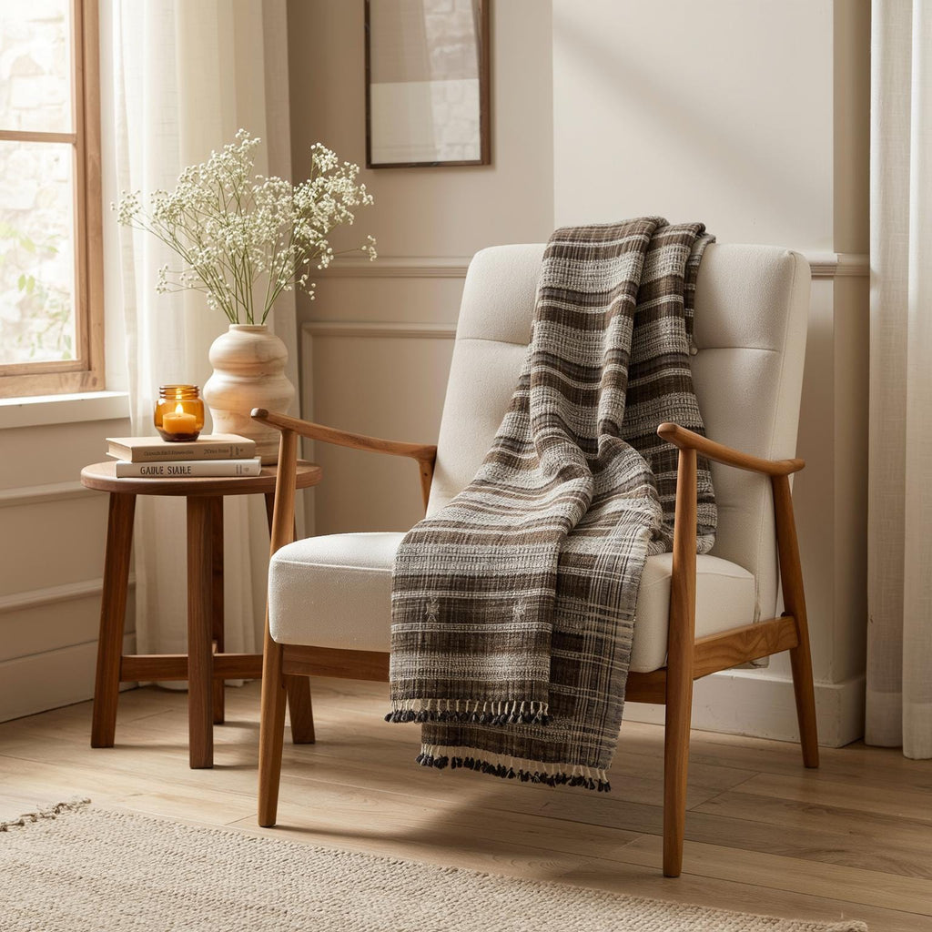 Brown Indian Wool Throw Blanket, Handwoven Couch Coverlet with Rustic Reading Chair Accent - SPHENE