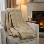 Tan Beige Indian Wool Throw Blanket, Handwoven Sofa Coverlet with Farmhouse Bedroom Layer - JASPER