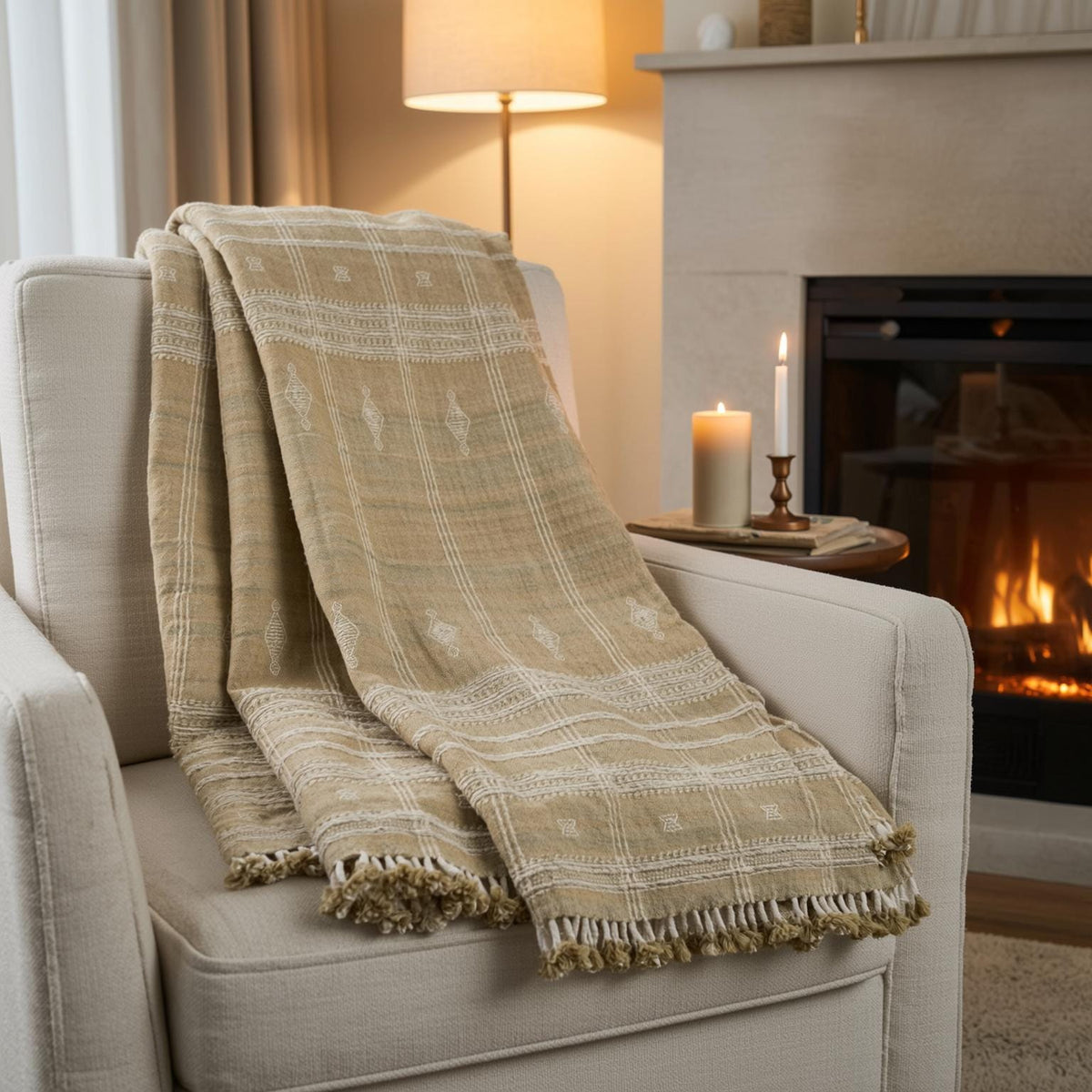 Tan Beige Indian Wool Throw Blanket, Handwoven Sofa Coverlet with Farmhouse Bedroom Layer - JASPER