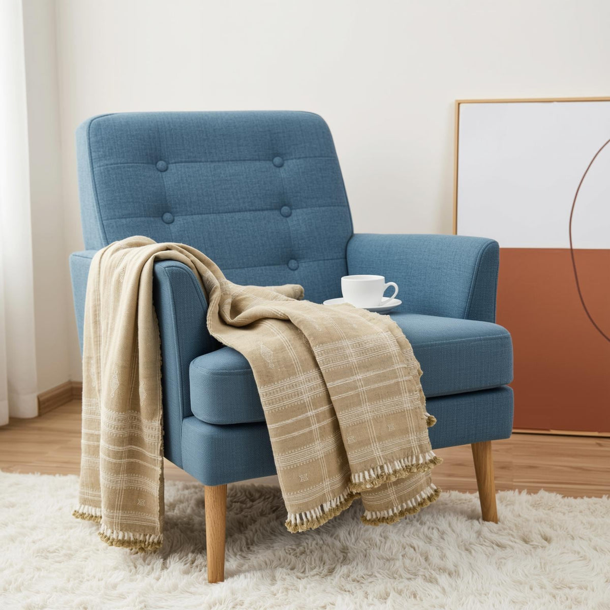 Tan Beige Indian Wool Throw Blanket, Handwoven Sofa Coverlet with Farmhouse Bedroom Layer - JASPER