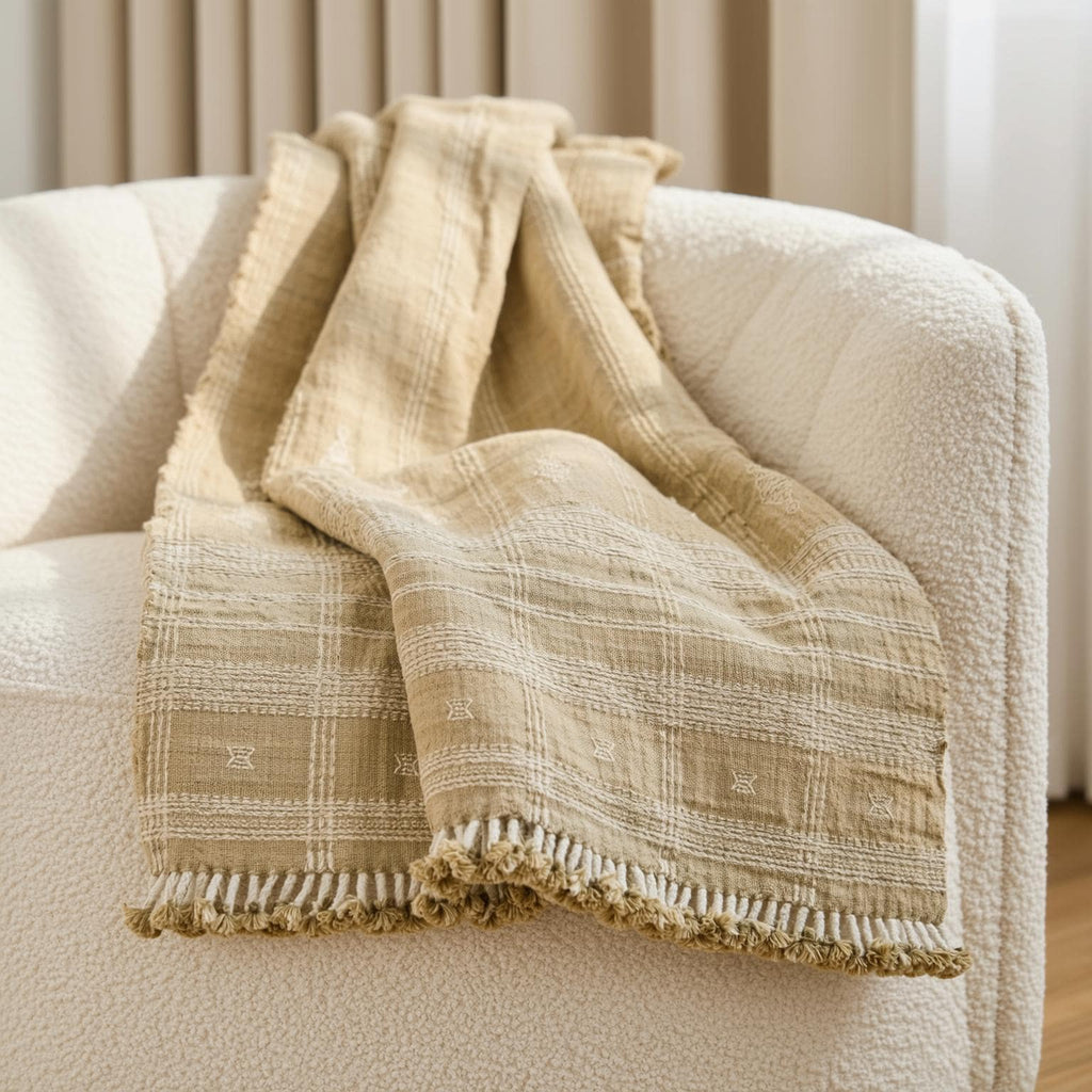 Tan Beige Indian Wool Throw Blanket, Handwoven Sofa Coverlet with Farmhouse Bedroom Layer - JASPER