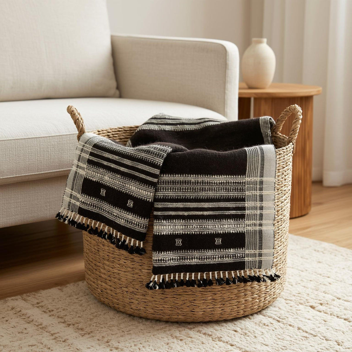 Cocoa Brown Indian Wool Throw Blanket, Handwoven Couch Coverlet with Rustic Chair Accent - QUARTZ