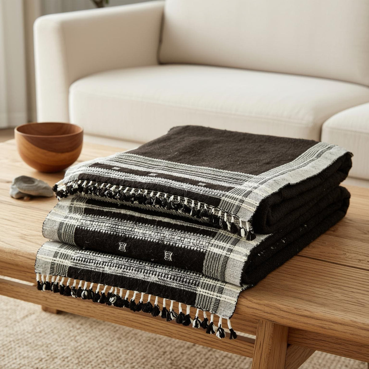 Cocoa Brown Indian Wool Throw Blanket, Handwoven Couch Coverlet with Rustic Chair Accent - QUARTZ