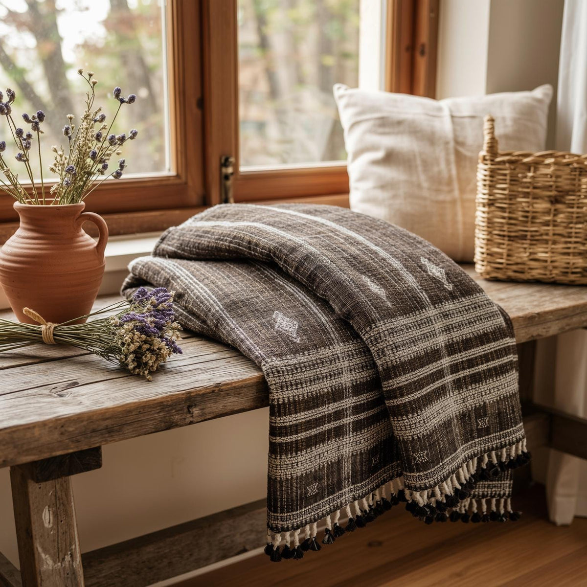 Warm Brown Indian Wool Throw Blanket, Handwoven Sofa Coverlet with Lodge Bedroom Layer - BRONZITE — product image