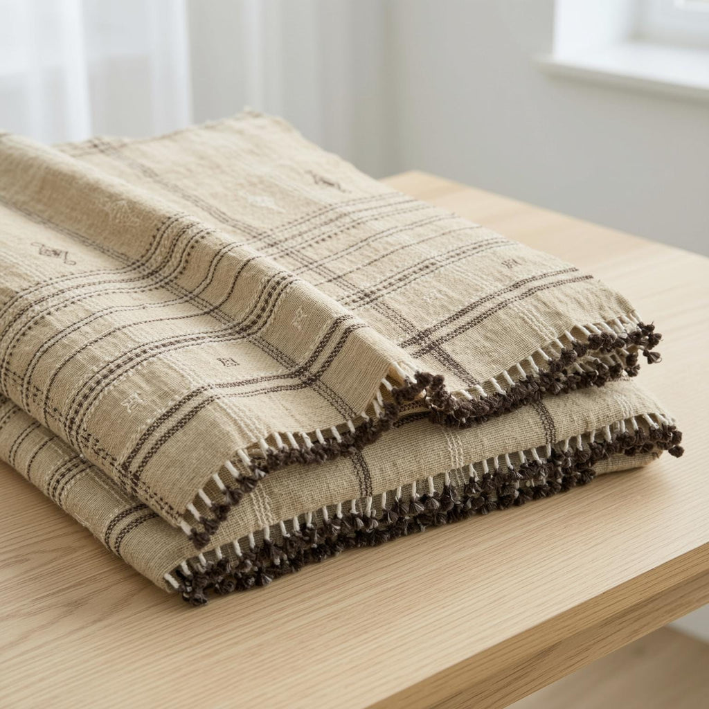 Tan Plaid Indian Wool Throw Blanket, Handwoven Couch Coverlet with Farmhouse Bed Accent - TANISHQ