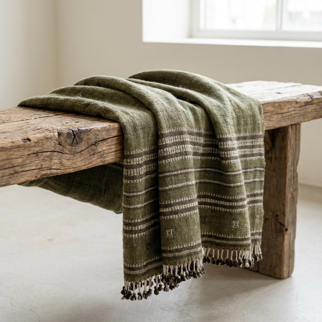 Olive Green Striped Indian Wool Throw Blanket, Handwoven Sofa Coverlet with Bed Accent - GARNET — product image
