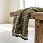 Olive Green Striped Indian Wool Throw Blanket, Handwoven Sofa Coverlet with Bed Accent - GARNET
