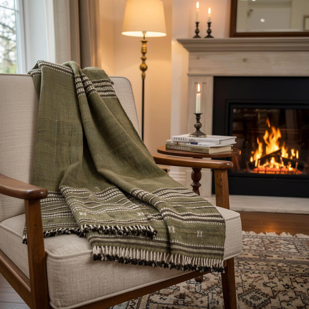 Olive Green Striped Indian Wool Throw Blanket, Handwoven Sofa Coverlet with Bed Accent - GARNET