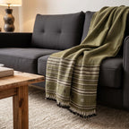 Olive Green Striped Indian Wool Throw Blanket, Handwoven Sofa Coverlet with Bed Accent - GARNET