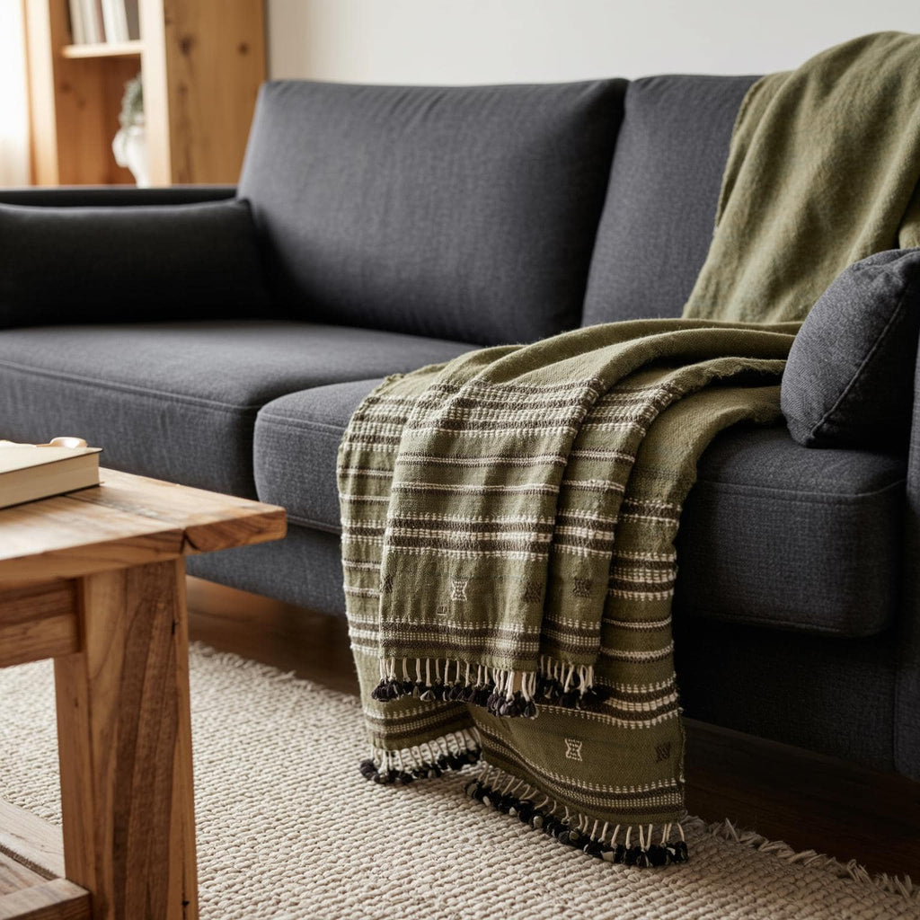 Olive Green Striped Indian Wool Throw Blanket, Handwoven Sofa Coverlet with Bed Accent - GARNET