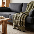 Olive Green Striped Indian Wool Throw Blanket, Handwoven Sofa Coverlet with Bed Accent - GARNET