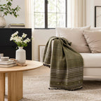 Olive Green Striped Indian Wool Throw Blanket, Handwoven Sofa Coverlet with Bed Accent - GARNET