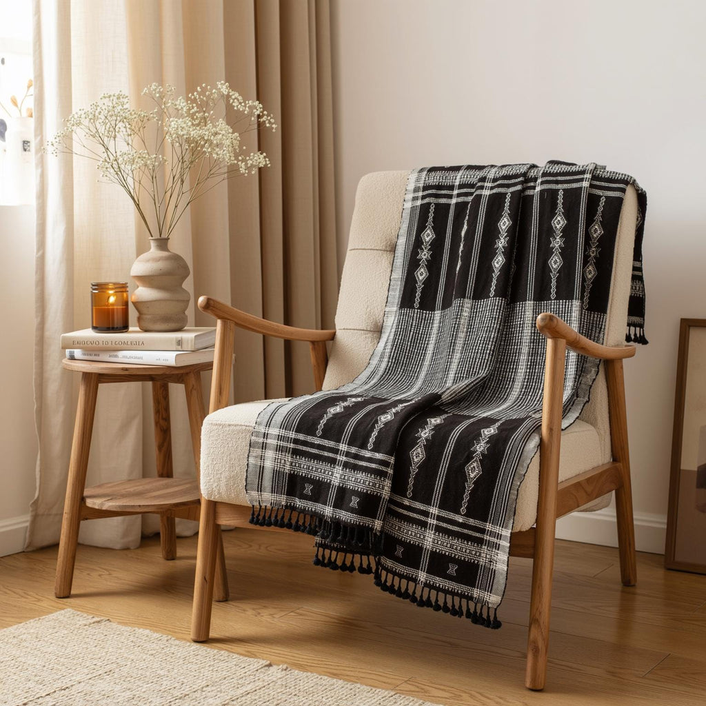 Brown Indian Wool Throw Blanket, Handwoven Couch Coverlet with Rustic Reading Chair Layer - CITRINE